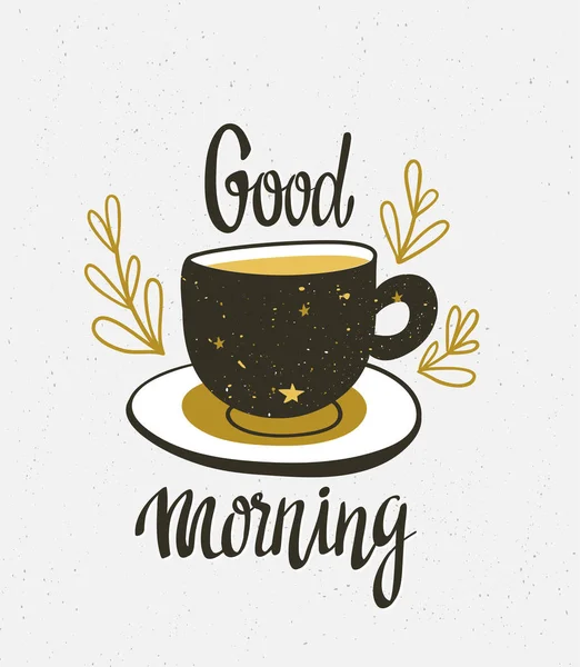 Buenos días inscripción y café — Vector de stock