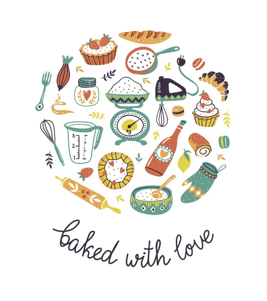 kek, mutfak eşyaları ve yazıt Baked sevgi ile 