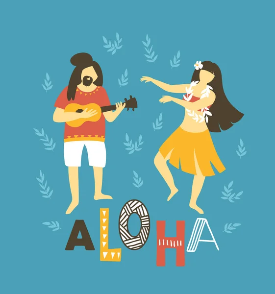 Hombre jugando ukelele y bailando chica — Archivo Imágenes Vectoriales