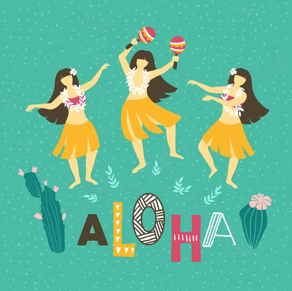 Ballando ragazze hawaiane e lettering — Vettoriale Stock
