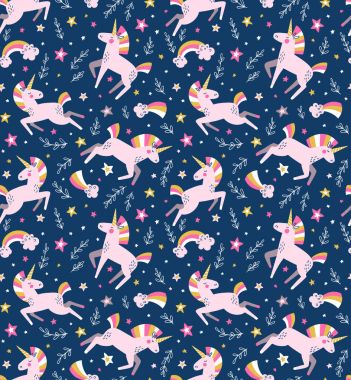 Mavi arka plan üzerinde renkli tek boynuzlu atlar ile Seamless Modeli