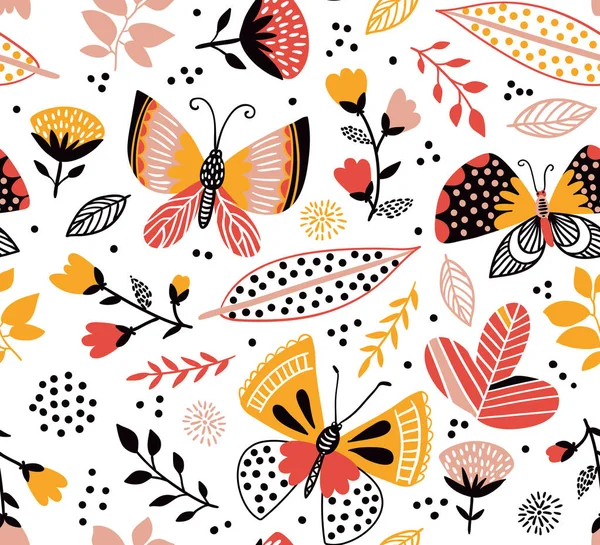 Nahtloses Muster Mit Wiesenblumen Und Schmetterlingen Auf Weißem Hintergrund — Stockvektor