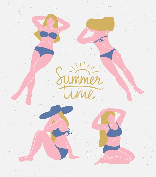 Chicas Tomando Sol Playa Con Hora Verano Medio — Archivo Imágenes Vectoriales