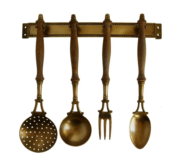 Antique brass kitchen utensils — Stock Photo, Image