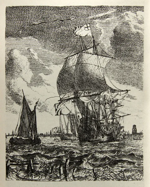 Engraving of sailing ships in port — Stock Photo, Image