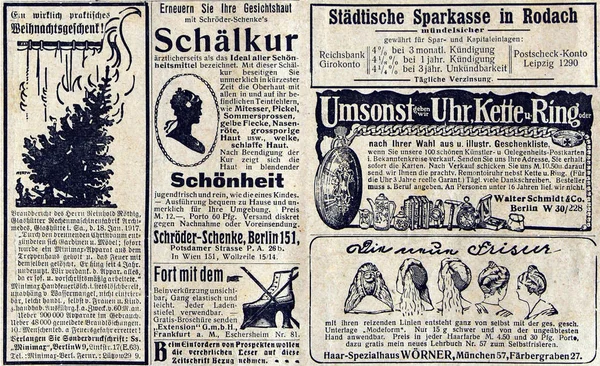 Advertisements in a newspaper a hundred years ago — Stock Photo, Image