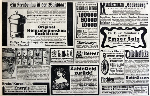 Advertisements in antique newspaper — Stock Photo, Image