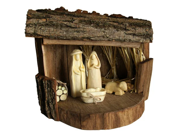 Natividad Navideña Madera Rústica Con Figuras Talladas Aisladas Sobre Fondo — Foto de Stock