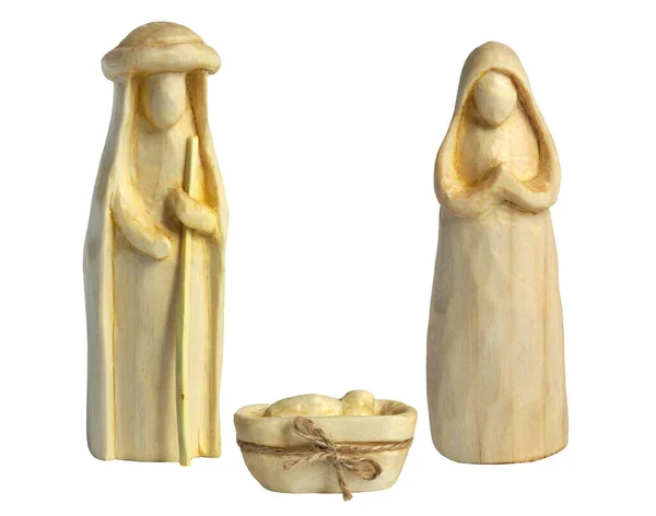 Belén Con Figuras Madera Niño Jesús Virgen María José Aislados — Foto de Stock