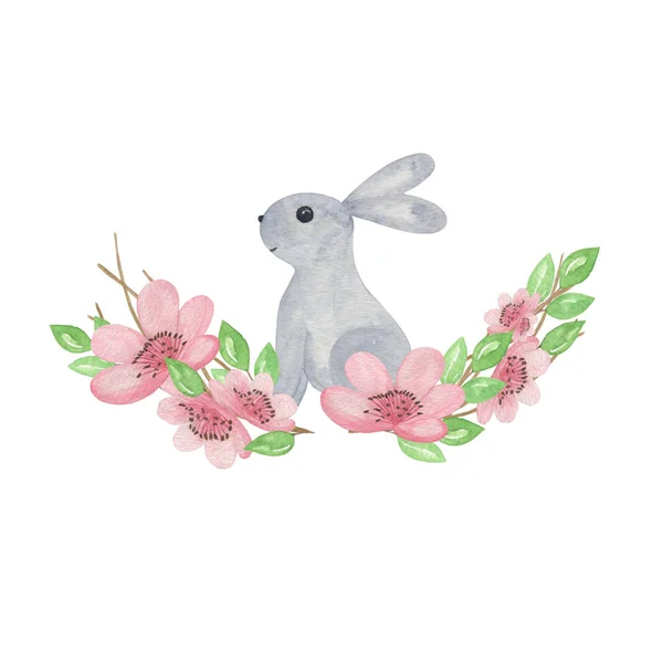 Un lindo conejito de Pascua gris con delicadas flores de cerezo rosadas a su alrededor, ilustración de vacaciones de primavera — Foto de Stock