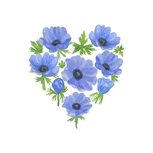 Delicada aquarela azul anêmona flor e folhas verdes floral coração em forma de composição — Fotografia de Stock