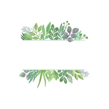 El çizimi suluboya çiçek çizimi, süslü yeşil yapraklar dikdörtgen çerçeve