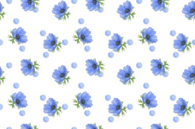 Narin çiçek ve yaprakların tekrarlanan deseni, mavi şakayıklar ve beneksiz süsler.