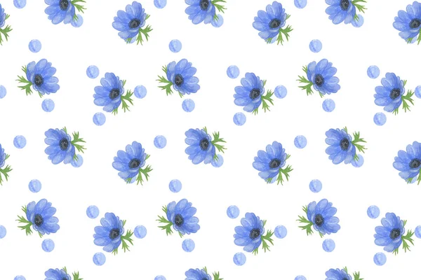 Repeat pattern of delicate flowers and leaves, blue anemones and polka dot seamless ornament — Stock Photo, Image