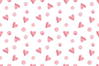 Pembe ve açık renkli gül kalpler ve farklı boyutlarda benekler.