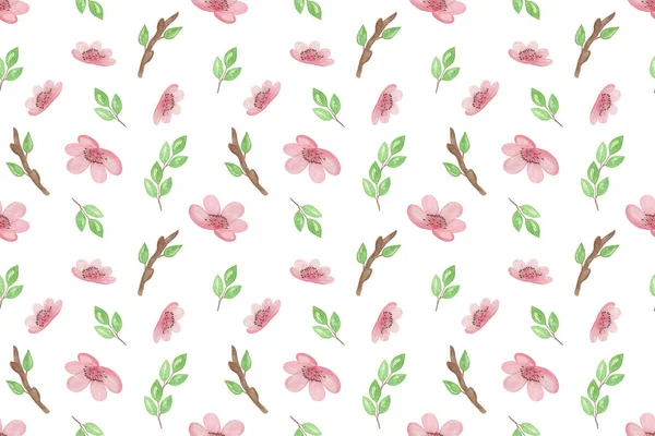 A repeat pattern of light pink cherry blossom flowers, a little tree branch and leaves on the white background — Stockfoto