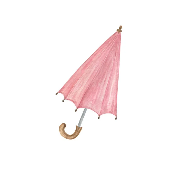 Un paraguas de color rosa dibujado a mano acuarela, objeto aislado — Foto de Stock