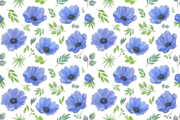 Een herhaling patroon van aquarel blauw met de hand getekende anemonen en groene bladeren op de witte achtergrond — Stockfoto