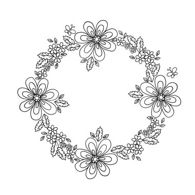 Dekoratif yapraklar ve çiçek çelengi, vektör doğrusal illüstrasyon