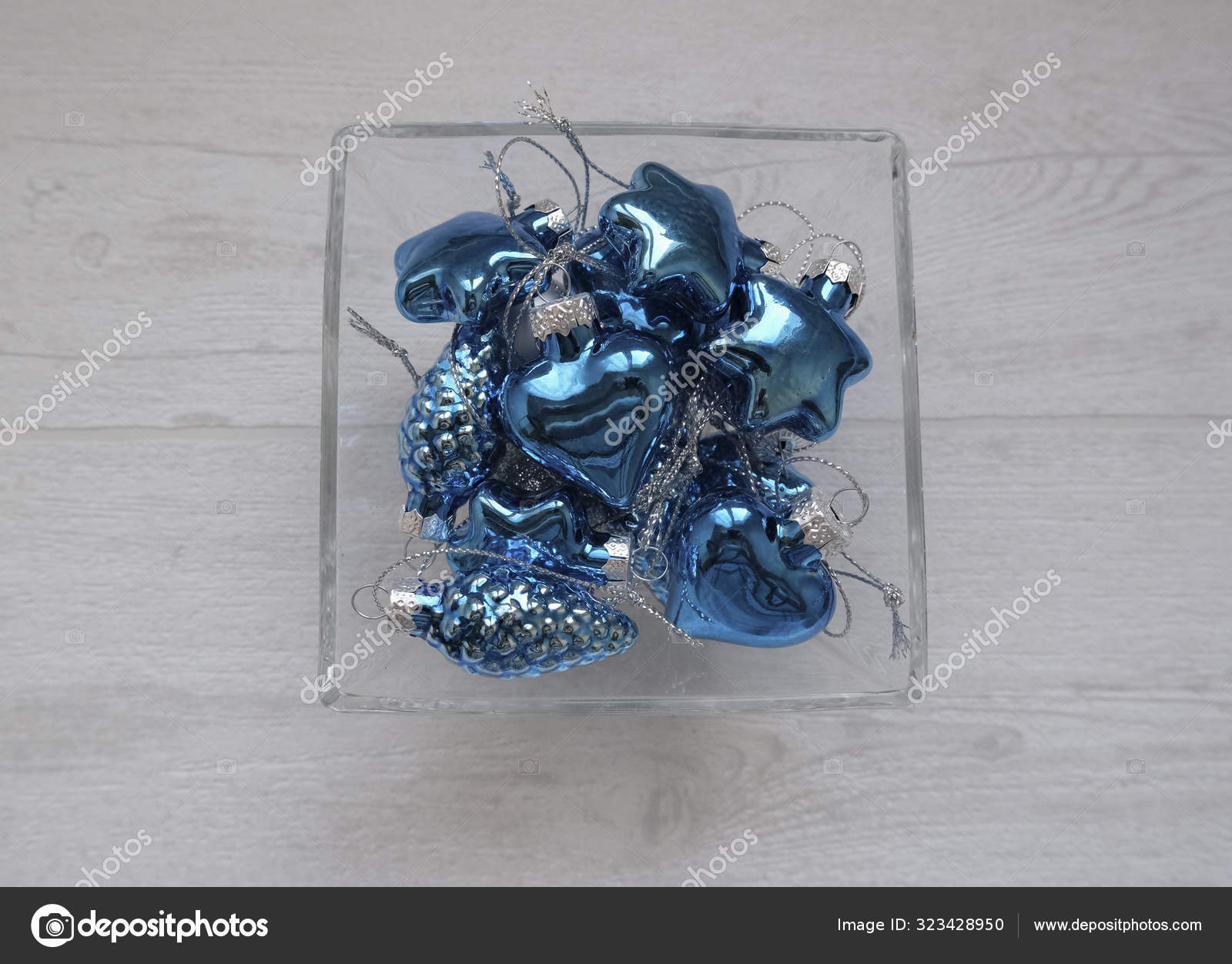Bright Blue Christmas Tree Decorations In A Transparent Square