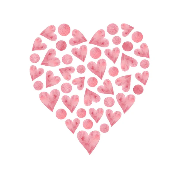 Colorido rosa dibujado a mano acuarela corazón lleno de corazones lillte y lunares — Foto de Stock