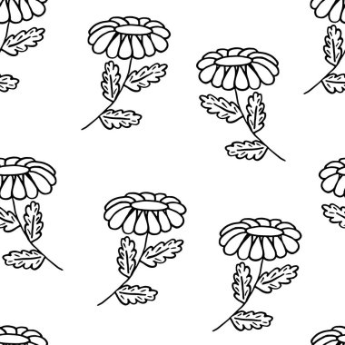 Öküz gözlü papatya çiçeğinin el çiziminin tekrarlanan deseni, ana hatlı vektör çizimi