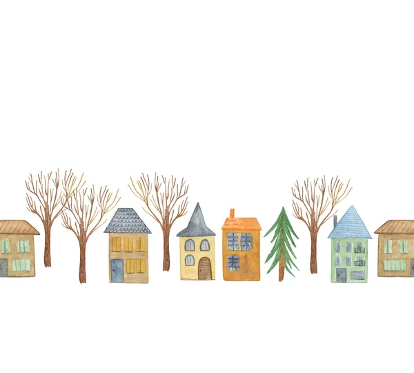 Repita el patrón de casas de acuarela simples y árboles en un estilo de dibujos animados —  Fotos de Stock