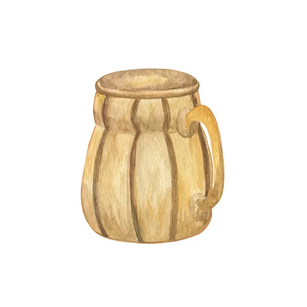 Taza de cerveza marrón claro de madera acuarela ilustración dibujada a mano — Foto de Stock
