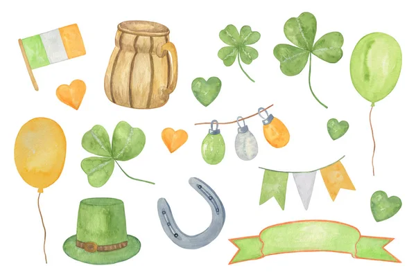 A set of hand drawn watercolor elements, symbols of St Patrick's day — 스톡 사진