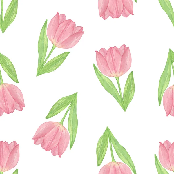 白い背景に柔らかいピンクのチューリップの花の繰り返しパターン — ストック写真