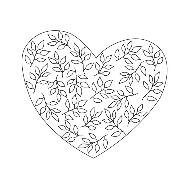 Simple vector floral illustration of a heart shape filled with outline fancy leaves — Stock Vector