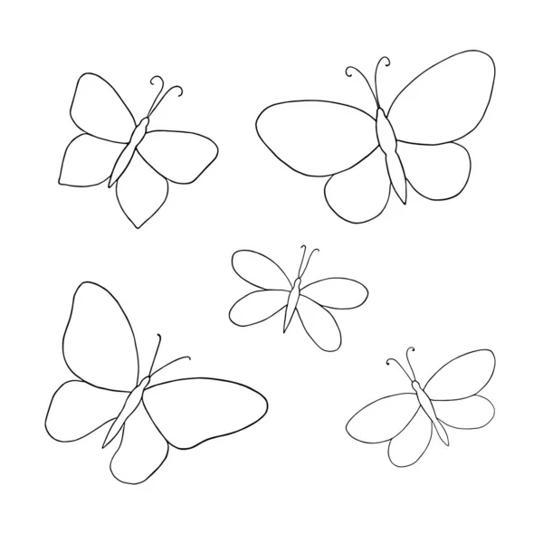 Ręcznie rysowane motyle zestaw prosty zarys wektora ilustracja — Wektor stockowy