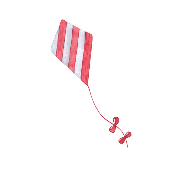 Rot-weiß gestreifter Drachen mit Seil und Bogen, Kinderspielzeug — Stockfoto