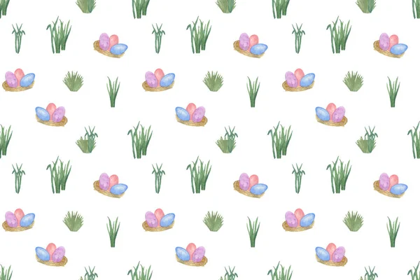 Easter egg hunt repeat pattern, eggs and plants, symbol of spring holidays illustration — Stock Photo, Image