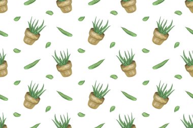 Yeşil elin tekrarlanan deseni suluboya aloe vera homeplant