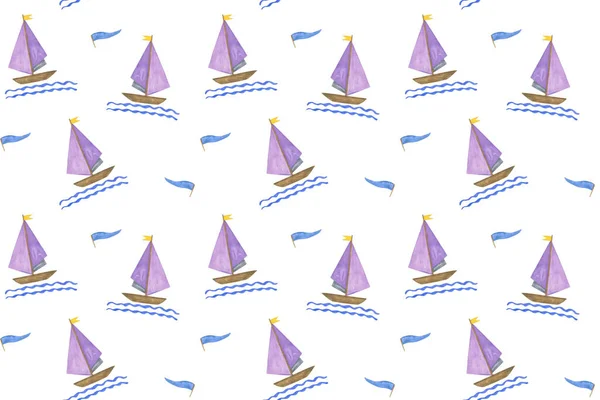 Фиолетовая Яхта Повторяет Рисунок Нарисованная Вручную Регата Акварель Белом Фоне — стоковое фото
