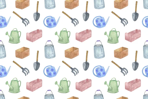 Garden tools simple hand drawn watercolor repeat pattern, seamless ornament of pitchfork, little spade, watering can, wooden box, bucket for textile design