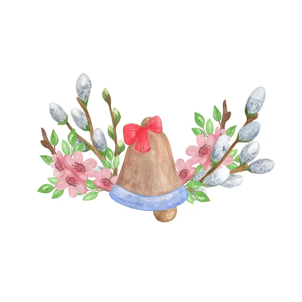Acuarela Dibujada Mano Composición Pascua Con Campana Pascua Ramas Sauce — Foto de Stock