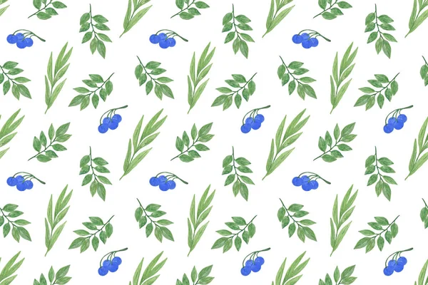 Wiederholen Sie Muster Von Aquarell Phantasie Blauen Beeren Und Blättern — Stockfoto