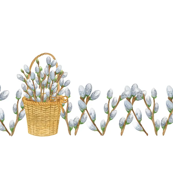 ウィッカーバスケットの柳の枝の境界 春の花の組成 水彩画のイラストの繰り返しパターン イースターの休日のお祝いカード 招待状などを設計するための要素 — ストック写真