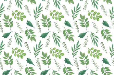 Beyaz arkaplanda suluboya süslü yaprakların tekrar eden deseni, tekstil, kumaş, davetiye ve benzeri şeyler için kullanılabilecek el çizimi çizimleri