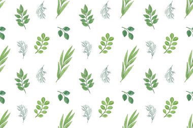 Beyaz zemin üzerinde suluboya süslü yeşil yapraklar tekrar desen, tekstil, kumaş, davetiye ve benzeri şeyler için kullanılabilecek el çizimi çizimleri
