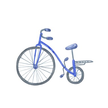 Mavi retro-stil bisiklet suluboya çizimi, özgürlük sembolü, yaz, hareket, eğlence, sağlık, çevre dostu ulaşım, boş zaman etkinlikleri ve beyaz arka planda sağlıklı kalma