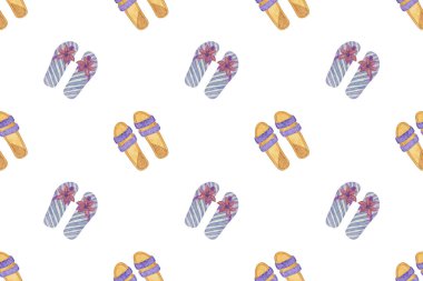 Yaz mevsiminde plaj elementlerinin tekerrür eden terlik ayakkabıları suluboya yaz tatili çizimleri tekstil, kumaş ve tatil tasarımları için izole edilmiş görüntü.