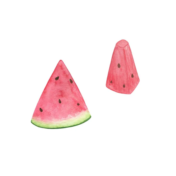 白色背景上的西瓜片水彩画 甜甜的红色多汁水果 健康的有机饮食 简单的饮食结构 象征着夏季和假日的放松 — 图库照片