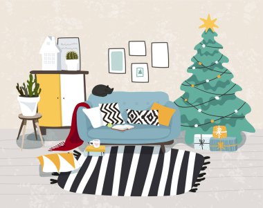 Noel için dekore edilmiş bir Noel evi. Kanepesi ve Noel ağacı olan modern bir oda. Düz stok vektör illüstrasyonu.