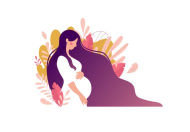 Side view silhouette of a pregnant woman with a belly. Pregnancy flat character with long hair on a background of leaves. Flat stock vector illustration isolated on white background
