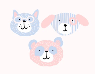 Pastel renklerde şirin hayvan yüzleri. Kedi portresi, köpek yavrusu, düz bir panda. Saf evcil hayvan karakteri. Çocuklar için çıkartma, tasarım kartları için boşluk, çocuk başvurusu. Stok vektörü