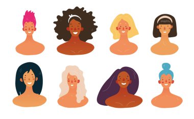 Düz dizaynlı omuzları olan dişi avatarlar. Farklı milletlerden kadınların gülümseyen portreleri. Şirin kızların toplanması, kardeşlik, arkadaşlık, feminizm. Stok vektörü