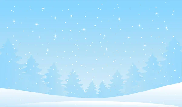 Paisaje forestal invernal. Fondo de Navidad para la tarjeta de felicitación. Banner de Año Nuevo con cielo azul, árboles nevados, nieve, estrellas, bosque nevado. Ilustración vectorial plana. Diseño de dibujos animados — Vector de stock